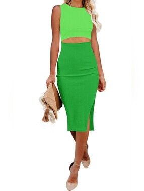 Green Ribbed Midi Pencil Skirt with Side Slit
